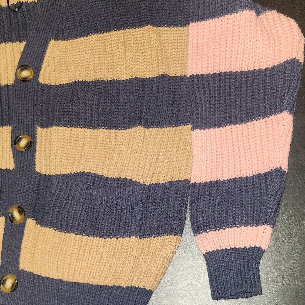 Navy and Tan Striped Classic Buttonup Small Casual Cardigan Sweater - Picture 4 of 7